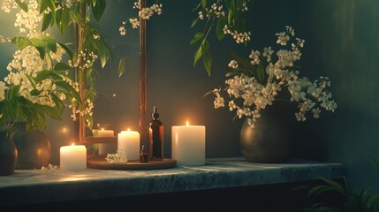 Tranquil spa scene with candles, essential oils, and delicate flowers, ideal for promoting relaxation and wellness services