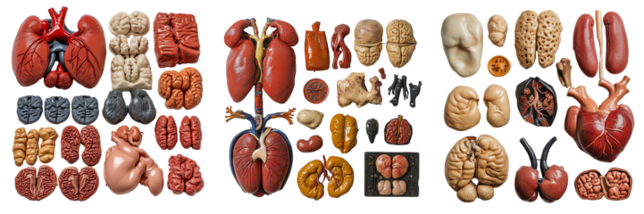 Collection of anatomical models of human organs for educational purposes on a transparent background 