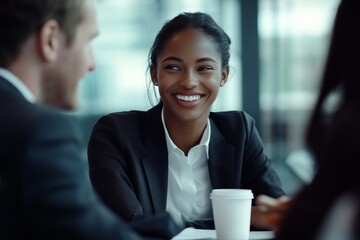 Business Meeting at a Modern Office in the Morning With Professionals Discussing Over Coffee and Sharing Smiles During Conversation