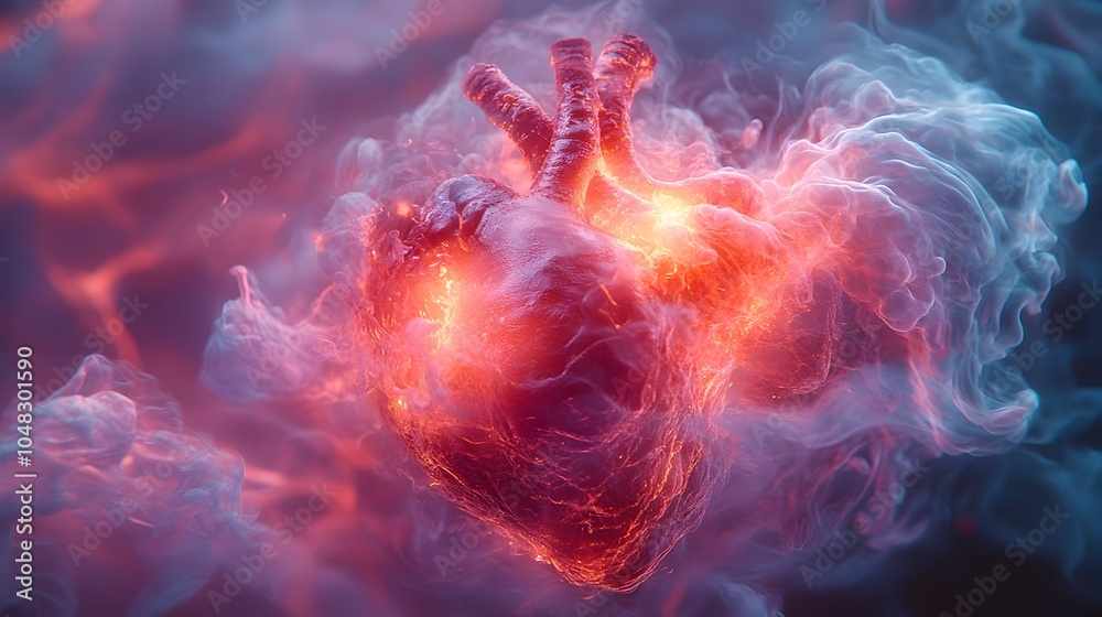 Poster powerful,fiery heart pulsing with intense energy,showcasing the biological of the cardiovascular sys