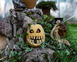 Halloween pumpkin head, carved pumpkin for Halloween, trick or treat, holiday celebration attribute