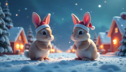 Merry Christmas mini cute rabbits wear xmas hat