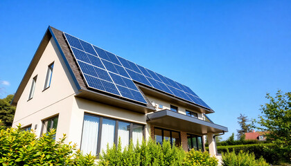 Fototapeta premium House with solar panels on the roof. Sustainable and clean energy at home, created with generative ai