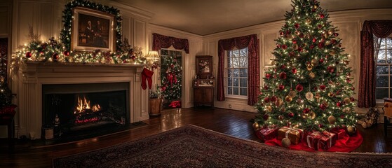 Obraz premium Festive Cozy Living Room with Decorated Christmas Tree, Warm Fireplace, and Holiday Decor: Perfect Scene for Seasonal Celebrations and Family Gatherings.