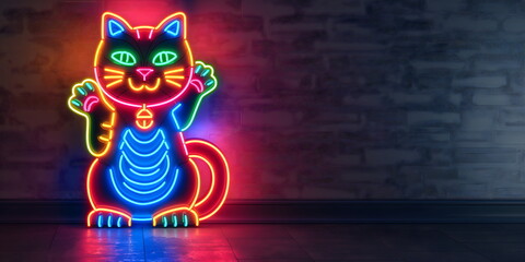 Neon lucky cat sign with waving paw on dark wall. Asian restaurant and fortune symbols marketing