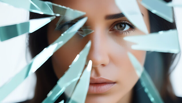 woman intense gaze staring shattered glass symbolizing grief healing