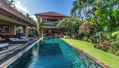 Tropical garden and pool at a suburban villa highlight a luxurious lifedesign.