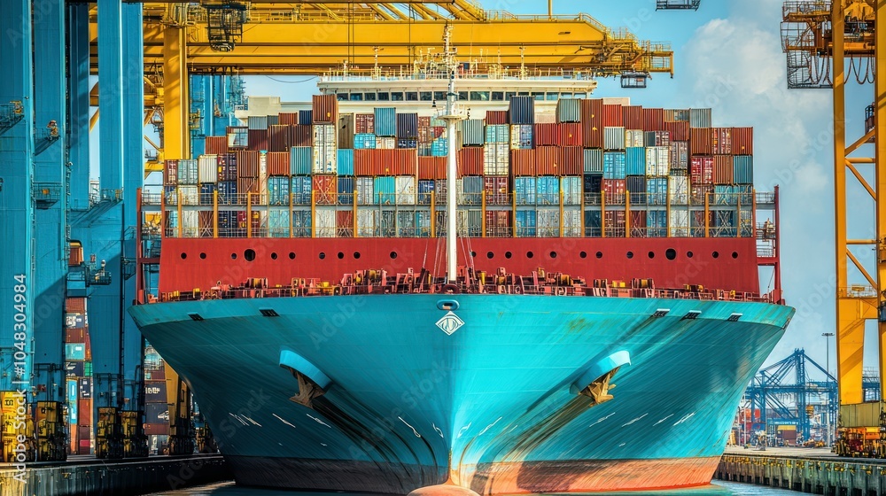 Poster cargo ship docked at a port with container cranes