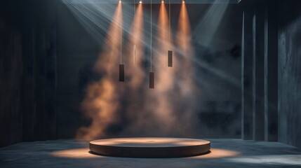Round stage platform with spotlights and smoke effects. Product display and theatrical presentation marketing
