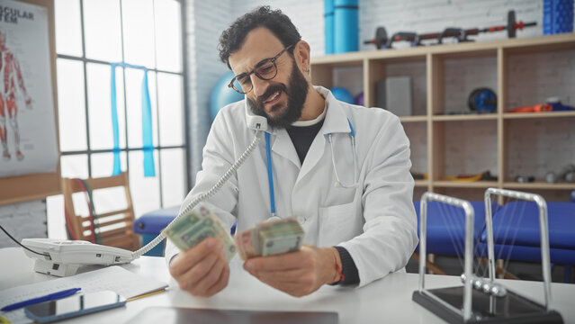 A middle-aged man in a clinic counts united arab emirates dirhams indoors