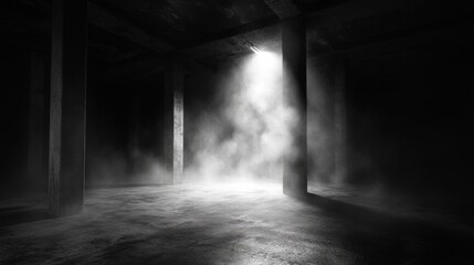 A dark space enveloped in mist creates a haunting atmosphere, with textured concrete flooring and soft, cold lighting enhancing the mysterious vibe. Ideal for artistic expression or product showcases.