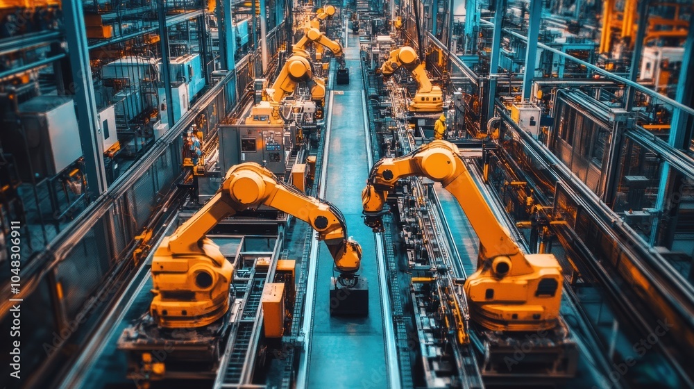 Poster Industrial Robots Working on an Assembly Line in a Factory