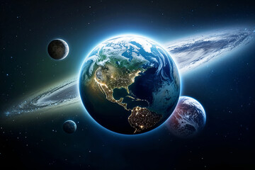 Fototapeta premium Earth at Night in Dark Outer Space. Created wdith Generative AI Technology