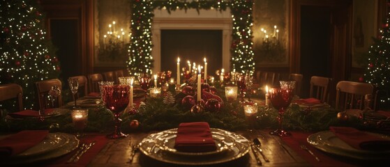 Elegant Christmas Dinner Setting with Candles, Red Accents, and Festive Decorations in a Warmly Lit Dining Room, Perfect for Holiday Gatherings.