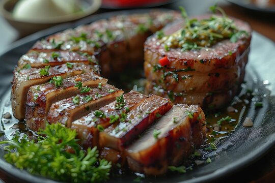 A serving of holodets, a savory meat jelly made from pork or chicken, sliced and served with mustard and horseradish