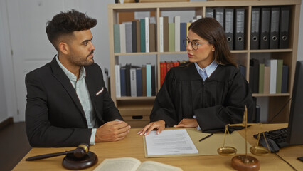 Man and woman discussing legal documents in an office setting, with a judge's gavel and scale of justice on the table, surrounded by shelves of legal books and files.