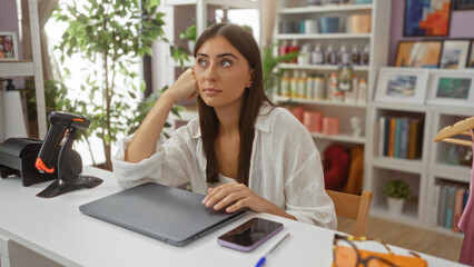 Fototapeta premium Beautiful young hispanic woman in a home decor store, sitting at a table with a laptop and phone, appearing thoughtful and contemplative while surrounded by various decorative items.