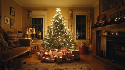 Christmas tree in a cozy interior with presents under it