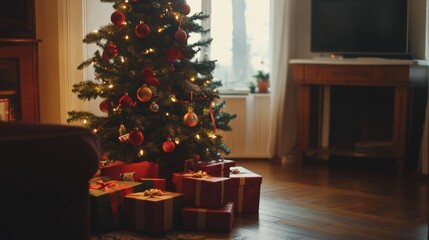 Christmas tree in a cozy interior with presents under it