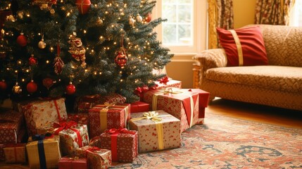Christmas tree in a cozy interior with presents under it