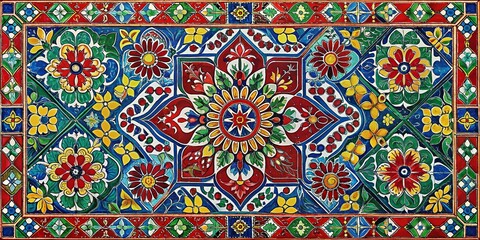 Vibrant Tribal Floral and Geometric Tile Mosaic Pattern for Decorative Designs