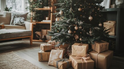 Christmas tree in a cozy interior with presents under it