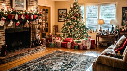 Christmas tree in a cozy interior with presents under it