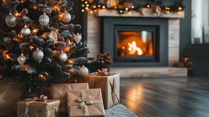 Christmas tree in a cozy interior with presents under it