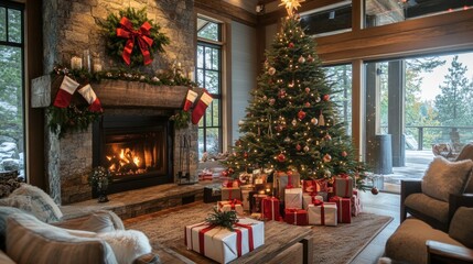 Christmas tree in a cozy interior with presents under it