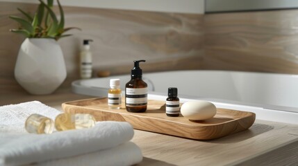 Turn your bathroom into a rejuvenating spa experience with a corner dedicated to pampering complete with a sleek bath tray and a collection of essential oils.
