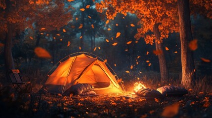 Cozy autumn camping with a beautiful natural landscape