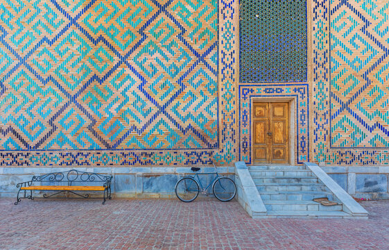  Samarkand, Uzbekistan - October. 10. 2024: Ancient patterns of the madrasah on Registan Square