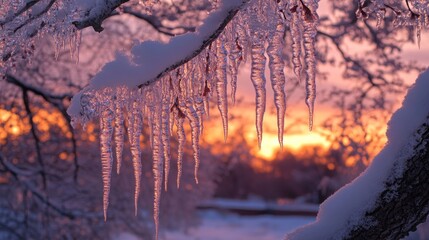 Icicles hanging from a tree's branch