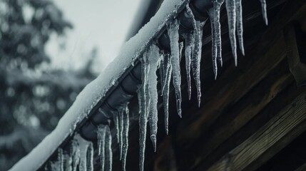 Icicles hanging from the edge of the cabin's roof