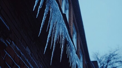 Icicles hanging from the edge of the cabin's roof