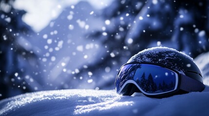Skiing goggles and helmet left on a snowy hill, mountain backshot, falling snow, close-up shot
