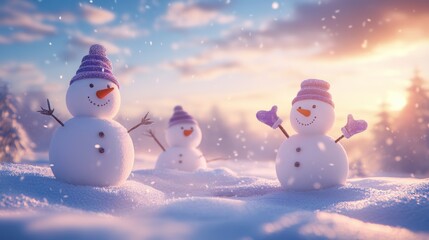 Happy snowmen with carrot noses, stick hands with warm gloves on them, and warm hats sitting on a snowy ground