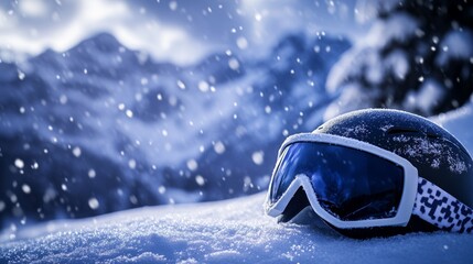 Skiing goggles and helmet left on a snowy hill, mountain backshot, falling snow, close-up shot