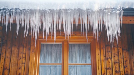Icicles hanging from the edge of the cabin's roof