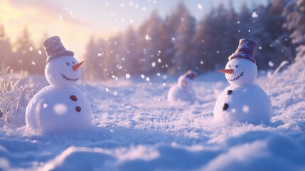 Happy snowmen with carrot noses, stick hands with warm gloves on them, and warm hats sitting on a snowy ground