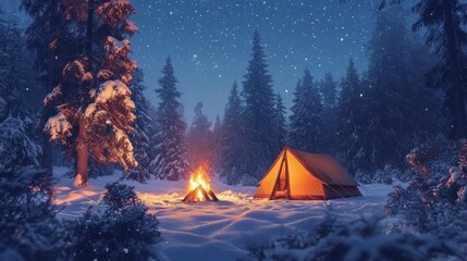 Winter camping, cozy campfire, tent, in a snowy pine forest --ar 16:9 -