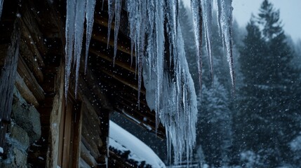 Icicles hanging from the edge of the cabin's roof