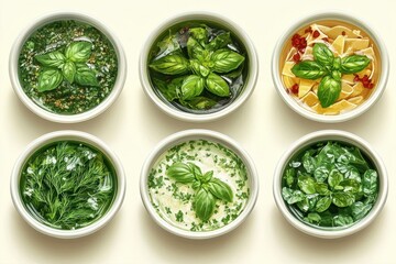 Obraz premium Six bowls with various herbs, soups and sauces. Basil or other herbs are visible on each bowl, creating a feeling of freshness and aroma.
