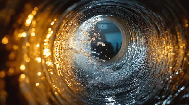 A close-up view inside pipe filled with water.
