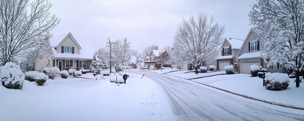 Obraz premium A variety of homes under a blanket of snow on a suburban street.