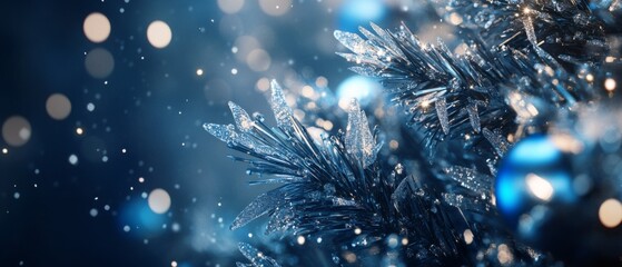 Fototapeta premium Close-up of blue and silver Christmas tree decorations with shimmering bokeh lights, capturing the festive spirit of the holiday season.