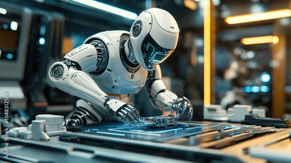 Poster a white humanoid robot working on a futuristic machine