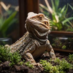 Obraz premium Bearded dragon lizard sunning itself under a heat lamp inside a terrarium.