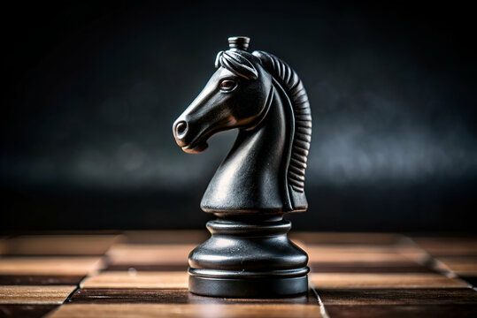 A sleek black chess knight piece stands prominently on a wooden chessboard, set against a dark background, symbolizing strategy and intellect.