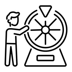 A person rotating a lottery wheel, line style icon 